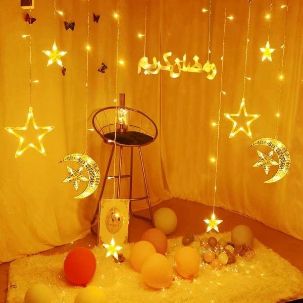 Moon & Star Ramadan Decoration Lights - 8 Modes, Warm White LED, Plug-In String Lights with Ramadan Sign