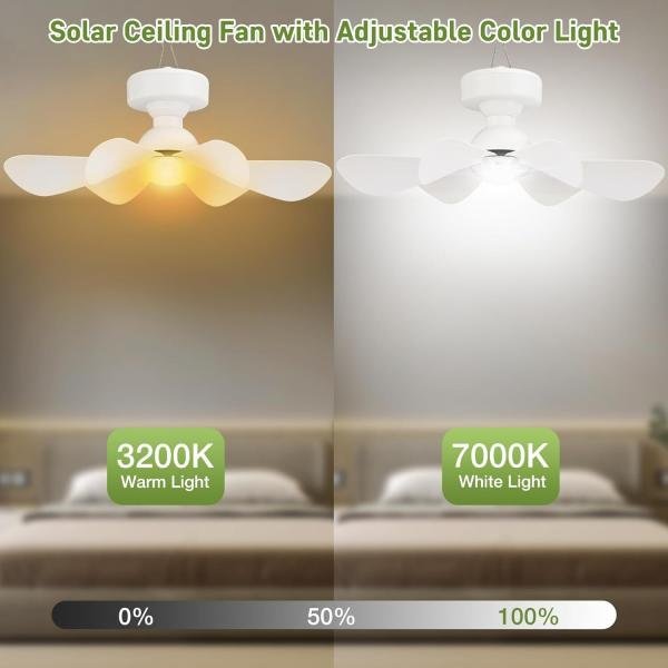 SOLAR CEILING FAN, 25W SOLAR POWERED RECHARGEABLE CEILING FAN WITH LIGHT, 32WH/10000MAH BATTERY BACKUP, REMOTE CONTROL