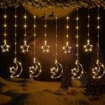 Ramadan Star & Moon Curtain Lights - 3M Warm White LED, 8 Modes, Plug-In Fairy String Lights for Home & Party Decor