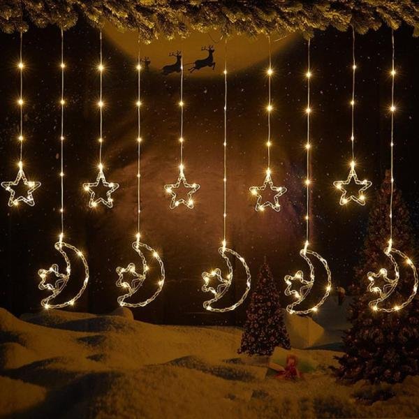 Ramadan Star & Moon Curtain Lights - 3M Warm White LED, 8 Modes, Plug-In Fairy String Lights for Home & Party Decor